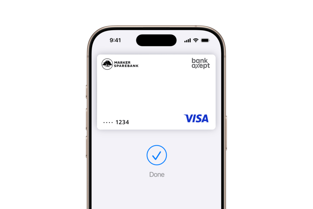 IPhone viser et digitalt betalingskort med bekreftelse 'Done'.